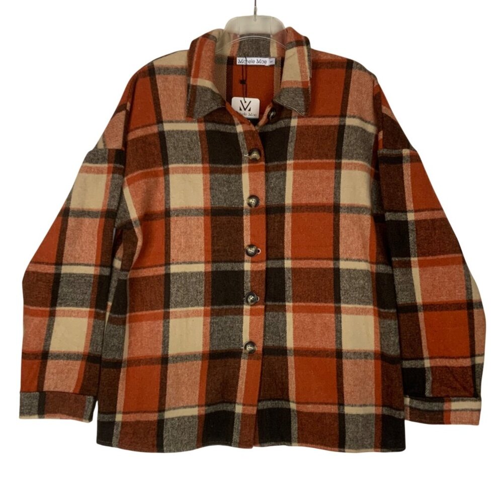 Michelle Mae Womens Plaid Button-Up Shirt Shacket Size Large Orange Brown New